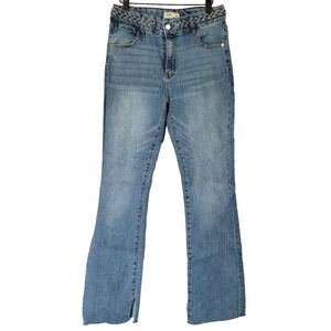 Oat New York Braid High Rise Flare Fringe Womens Jeans Blue Raw Hem Sz 6/28 Boho